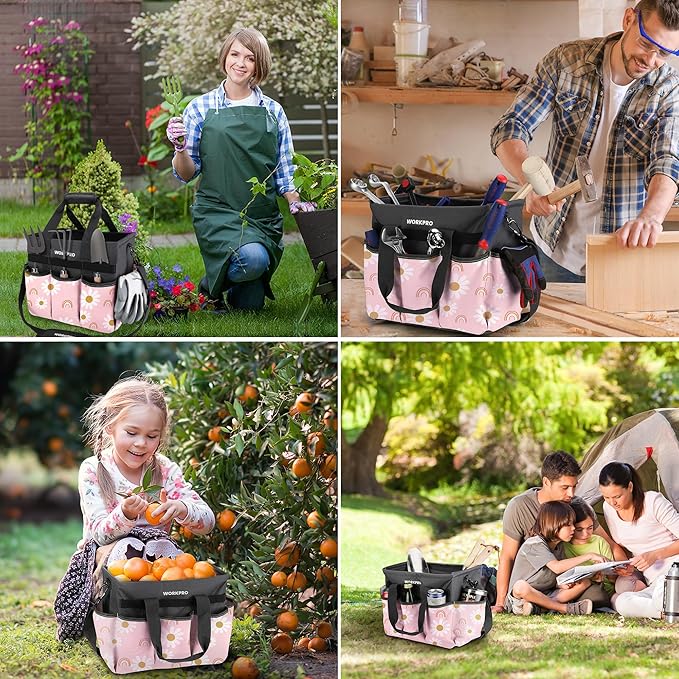 WORKPRO Garden Tool Bag Organizer, Heavy Duty Gardening Tote Bag with 10 Pockets and Long Adjustable Shoulder Strap, Standable Garden Home Tool Kits Organizer, Floral Pink - Pink Ribbon