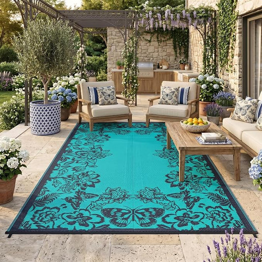 Garvee Outdoor Rugs 8’x10’ Waterproof Reversible Mats, Large Area Plastic Straw Rug, Outside Carpet, Butterfly Floral Rv Mat for Patio Camping Picnic Backyard Deck Balcony Porch Beach Trailer