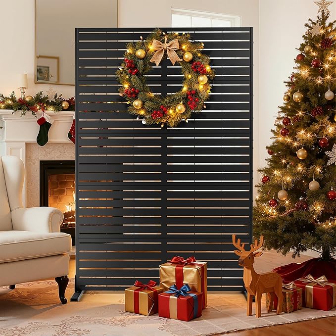 FENCY Metal Privacy Screen with Stand 72" H×44" W Outdoor Freestanding Privacy Panels, Outdoor Privacy Screen for Deck Patio Balcony(Black-Louvered)