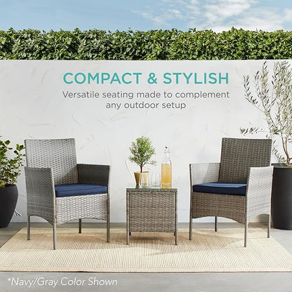 Best Choice Products 3-Piece Outdoor Wicker Conversation Bistro Set, Space Saving Patio Furniture for Garden w/Side Table - Taupe/Cement Gray