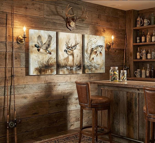 3Pcs Rustic Outdoor Wildlife Canvas Wall Art Watercolor Deer Duck And Fish Wall Decor Pictures Vintage Farmhouse Hunting Posters Prints for Living Room Bathroom Kitche Home Decoration