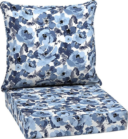 Arden Outdoor Deep Seat Cushion Set, 24 in x 24 in, Weather-Proof, Rain-Proof, Fade Resistant Patio Cushion for Chair, Sofa, and Couch Blue Garden Floral
