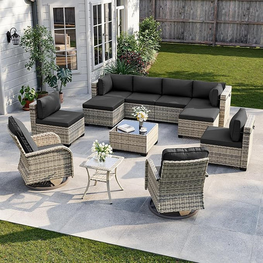 12-Piece Patio Furniture Set, Outdoor Patio Furniture with Swivel Chairs Set, Ottomans, Modular Patio Sofa, Dual-Strand Wicker Rattan, Rust-Resistant Frame, Black