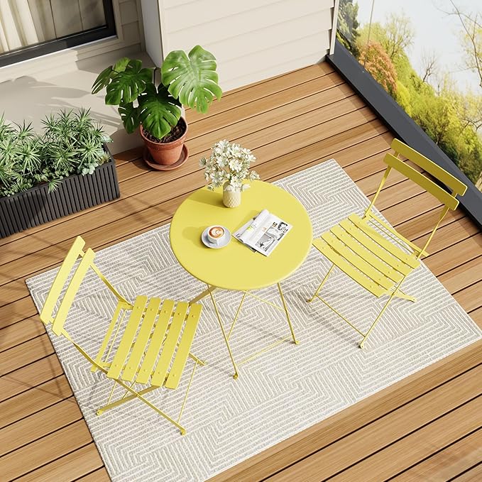 3-Piece Folding Bistro Set, Outdoor Patio Furniture Set with 2 Chairs & 1 Table, Space-Saving Foldable Balcony Garden Set with Heavy-Duty Powder-Coated Steel Frame, No Assembly Required, Yellow