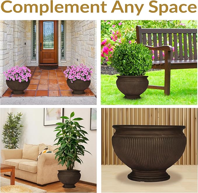 Sunnydaze Elizabeth 16" Double-Walled Polyresin Ribbed Urn Outdoor Planter - UV-Resistant Rust Finish - Set of 2