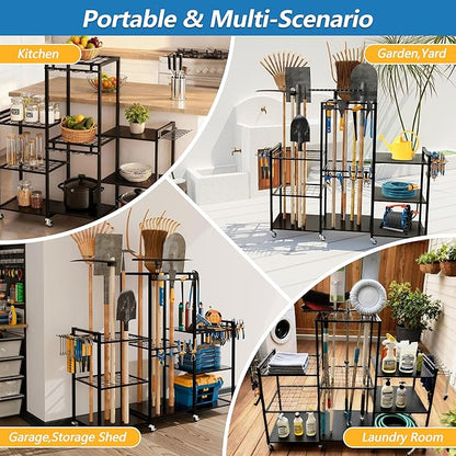 ROGMARS Garden Tool Organizer with Wheels for Garage,49" Heavy Duty 3 Tier Yard Tool Holder Storage Rack with Large Hooks for Shed/Yard/Broom/Lawn/Long-Handled Garden Cart