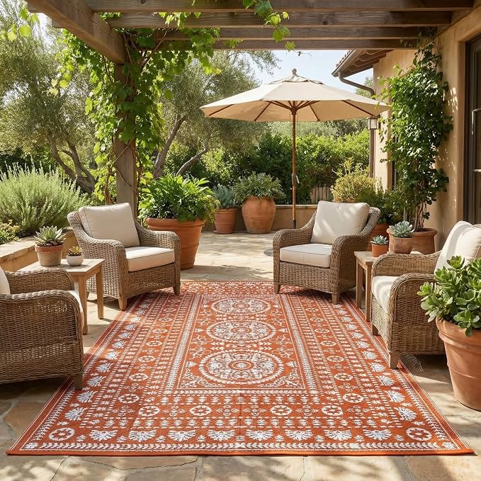 Garvee Reversible Outdoor Rug 9x18 for Patio, Waterproof Outdoor Area Rug, Modern Medallion Indoor Outdoor Rugs, Plastic Straw Rug for RV, Camping, Deck, Vintage Terracotta