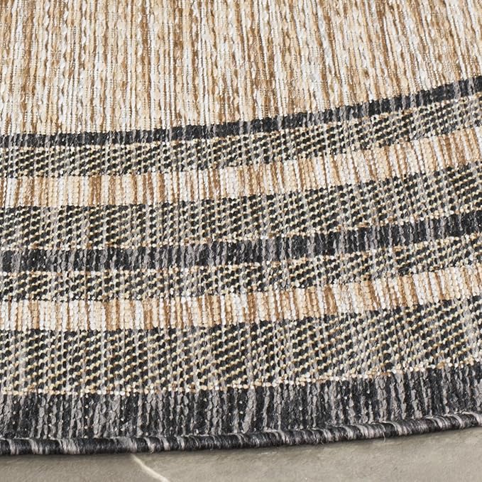 SAFAVIEH Washable Rug Outdoor Courtyard Collection - 7'10" Round, Natural & Black, Non-Shedding & Easy Cleaning, Ideal for Patio, Backyard, Mudroom (CY8475-37312)