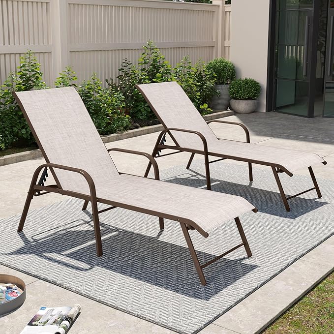 Crestlive Products Chaise Lounge Chair Outdoor with Armrests, Pool Lounge Chairs Set of 4, Aluminum Adjustable 5 Positions Sun Tanning Lounger for Patio, Poolside, Yard, Deck, Backyard (Beige)