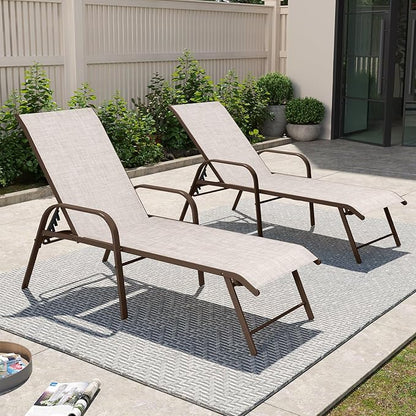 Crestlive Products Chaise Lounge Chair Outdoor with Armrests, Pool Lounge Chairs Set of 4, Aluminum Adjustable 5 Positions Sun Tanning Lounger for Patio, Poolside, Yard, Deck, Backyard (Beige)