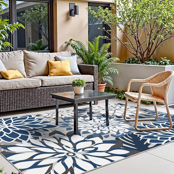 3x5 Washable Rug for Living Room Tropical Botanical Modern Floral Chenille Area Rugs Low Pile Non Slip Carpet for Patio, Bedroom, Laundry, Blue