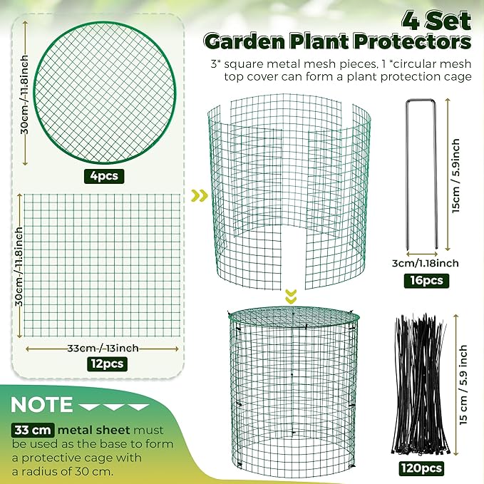 Hiboom 4 Pack Garden Plant Protectors from Animals with Stakes, Metal Mesh and Detachable Covers Wire Plant Cage for Keeping Bunny Animals Out, Chicken Wire Cover Garden Protect (12 * 13 in)