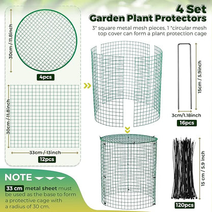 Hiboom 4 Pack Garden Plant Protectors from Animals with Stakes, Metal Mesh and Detachable Covers Wire Plant Cage for Keeping Bunny Animals Out, Chicken Wire Cover Garden Protect (12 * 13 in)