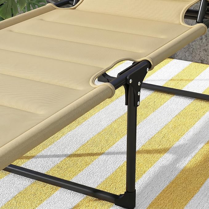 Outsunny Outdoor Lounge Chair, Adjustable Backrest Folding Chaise Lounge, Cushioned Tanning Chair with Sunshade Roof & Pillow Headrest for Beach, Camping, Hiking, Cream White
