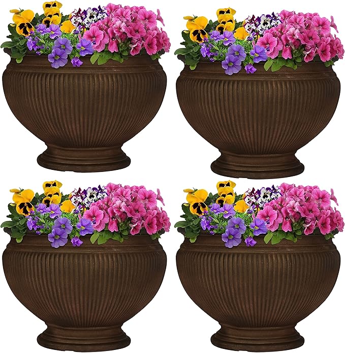 Sunnydaze Elizabeth 16" Double-Walled Polyresin Ribbed Urn Outdoor Planter - UV-Resistant Rust Finish - Set of 4