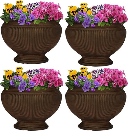 Sunnydaze Elizabeth 16" Double-Walled Polyresin Ribbed Urn Outdoor Planter - UV-Resistant Rust Finish - Set of 4