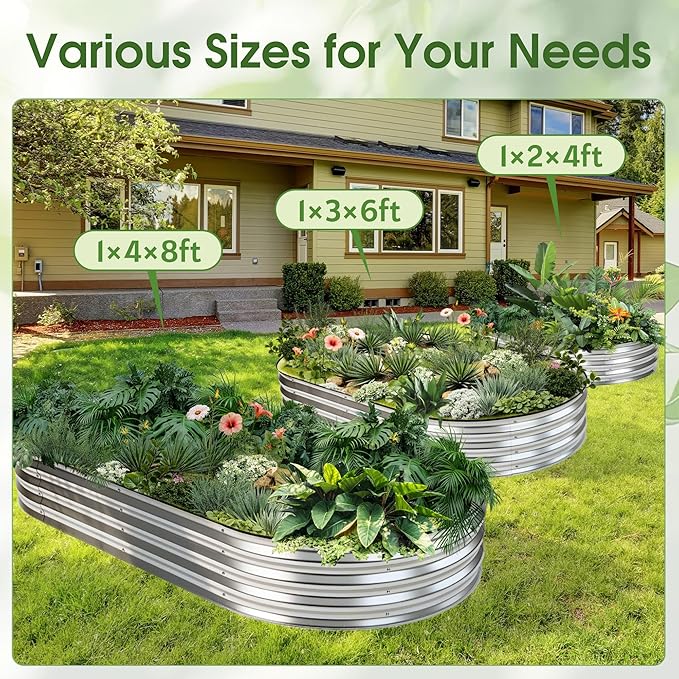 NEWBULIG Heavy-Duty Galvanized Oval Raised Garden Bed for Outdoor, Metal Planter Box with Open Base, Easy Assembly with Safe Edges for Vegetables/Flowers/Herbs