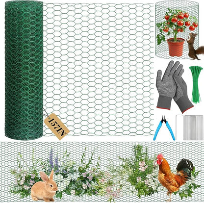 Lucomb Plant Protectors from Animals 15.7 x 157 in Green Chicken Wire Plant Cages for Outdoor Plants, Hexagonal Wire Plant Protector with Ground Stakes, Pliers, Garden Protection from Animals