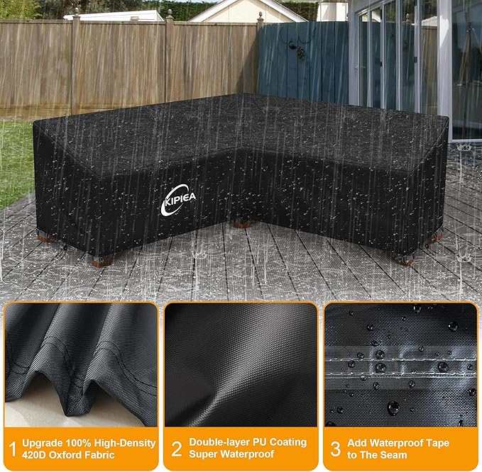 Kipiea Patio V-Shaped Sectional Sofa Cover, 420D Heavy-Duty Oxford Fabric Outdoor Sectional Cover with 6 Windproof Buckles, Anti UV and No Tears, No Fading (105"/105" L x 33.5" D x 31" H) Black