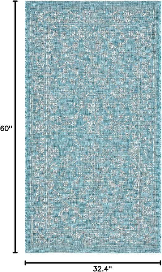 SAFAVIEH Washable Rug Outdoor Courtyard Collection - 2'7" x 5', Aqua Blue & Grey, Non-Shedding & Easy Cleaning, Ideal for Patio, Backyard, Mudroom (CY8680-37121)
