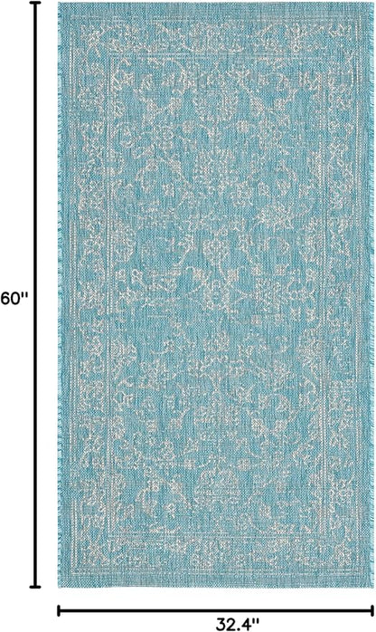 SAFAVIEH Washable Rug Outdoor Courtyard Collection - 2'7" x 5', Aqua Blue & Grey, Non-Shedding & Easy Cleaning, Ideal for Patio, Backyard, Mudroom (CY8680-37121)