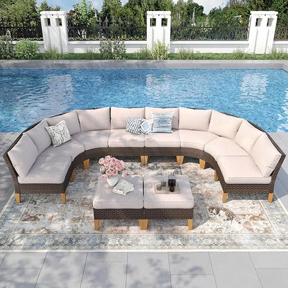 PHI VILLA 8-Piece Half-Moon Patio Furniture Set, Outdoor Wicker Sectional Sofa with Thick Beige Cushions, 2 Ottomans, Large Curved Conversation Seating for Garden or Backyard