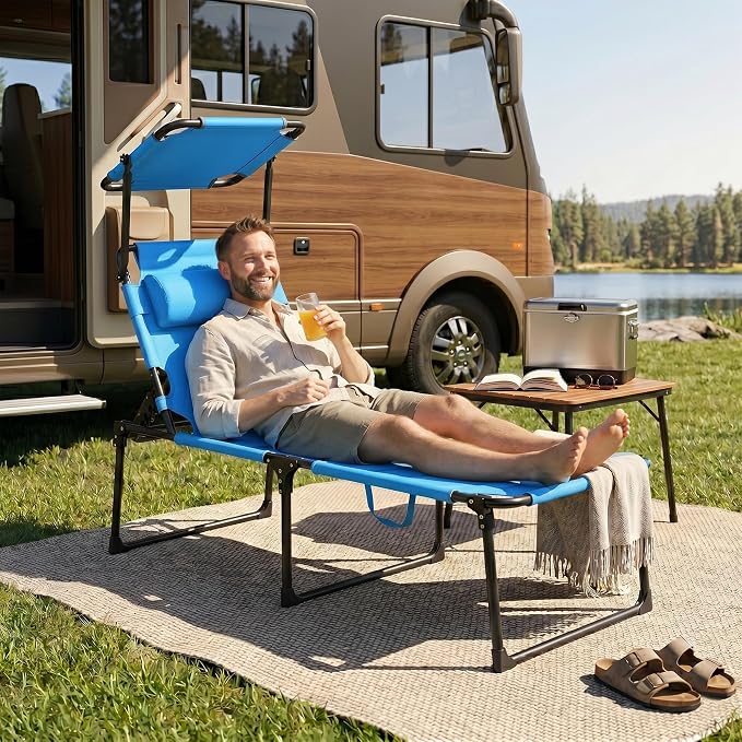 Outsunny Outdoor Lounge Chair, Adjustable Backrest Folding Chaise Lounge, Cushioned Tanning Chair with Sunshade Roof & Pillow Headrest for Beach, Camping, Hiking, Light Blue