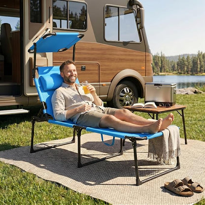Outsunny Outdoor Lounge Chair, Adjustable Backrest Folding Chaise Lounge, Cushioned Tanning Chair with Sunshade Roof & Pillow Headrest for Beach, Camping, Hiking, Light Blue