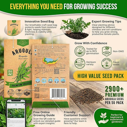 Organo Republic Arugula Roquette Seeds Pack 5G - Over 2900 Non-GMO Heirloom Arugula Seeds for Planting Greens in Individual Seed Packet, Greens Seeds for Planting Home Garden Indoor & Outdoor Garden