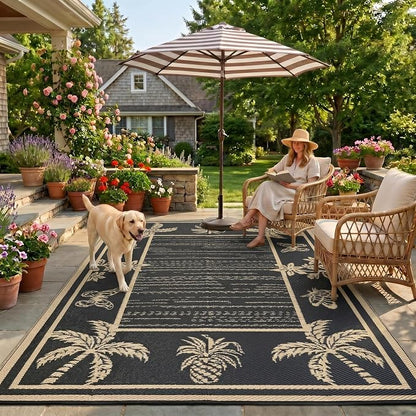 Garvee Outdoor Rug 5x8 Waterproof for Patios, Reversible Plastic Straw Rug, Tropical Leaf Indoor Outdoor Rugs, Large Area Rug for RV, Camping, Deck, Picnic Mat, Outside Carpet, Black & Brown