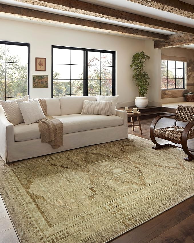 Loloi Magnolia Home by Joanna Gaines Sinclair Collection SIN-02 Khaki/Tobacco 2'-0" x 5'-0", .25" Pile Height, Machine Washable, Accent Rug