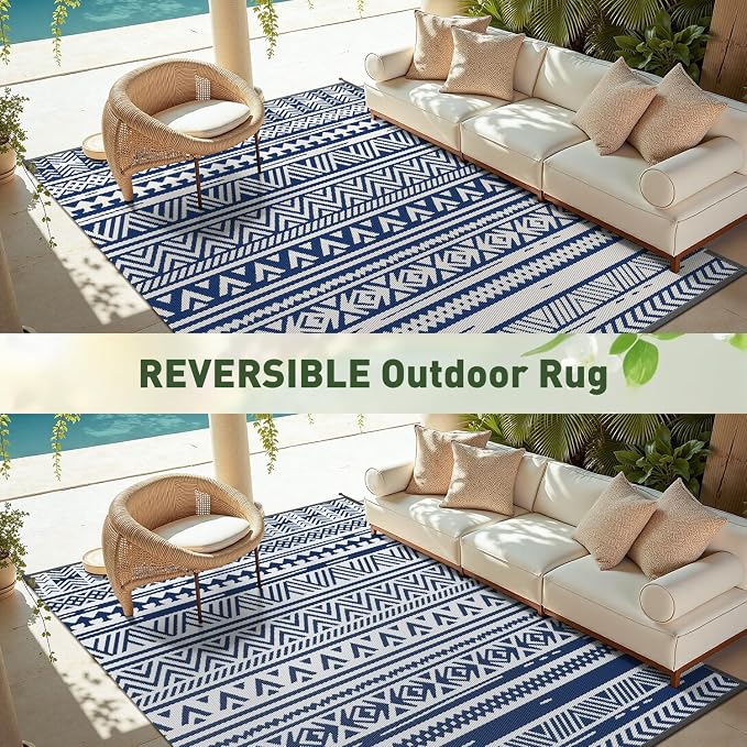 MontVoo-Outdoor Rug Carpet Waterproof 5x8 ft Reversible Patio Rug RV Camping Rug-Plastic Straw Rug Outside Indoor Outdoor Area Rug for Patio Deck Balcony Picnic Beach Outdoor Decor Boho Navy Blue