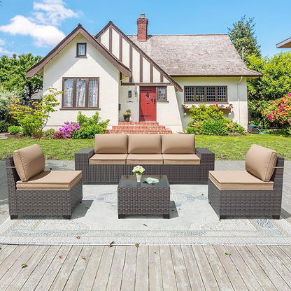6PCS Outdoor Patio Furniture Set,PE Rattan Wicker Patio Conversation Set with Washable Cushions & Glass Coffee Table,Patio Sectional Furniture Set for Garden, Poolside, Backyard,Sand