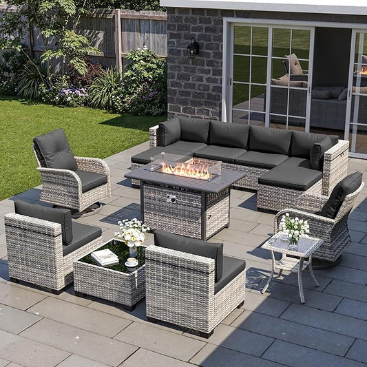 13-Piece Patio Furniture Set, Outdoor Patio Furniture with Swivel Chairs Set, Ottomans, 55,000 BTU Fire Pit Table, Modular Patio Sofa, Dual-Strand Wicker Rattan, Rust-Resistant Frame, Black