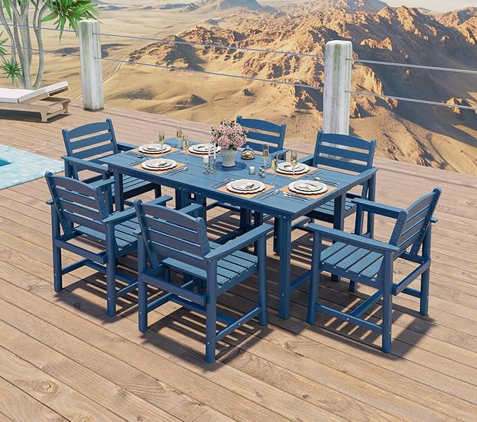 Anbuy Patio HDPE Dining Table Set, 7-Piece Outdoor Dining Table Sets, 2 in 1 Convertible Table and 6 Outdoor Chairs Outdoor All-Weather Furniture Set Blue