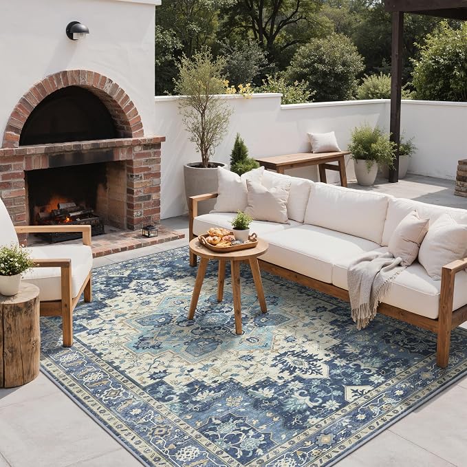 GENIMO Outdoor & Indoor Area Rug 5'x8', Waterproof, Non-Shedding, Easy Cleaning, Boho Mat for Patio, Living Room, Balcony, Dining Room, RV, Deck, Bedroom, Camping, Outside Carpet,Center Blue