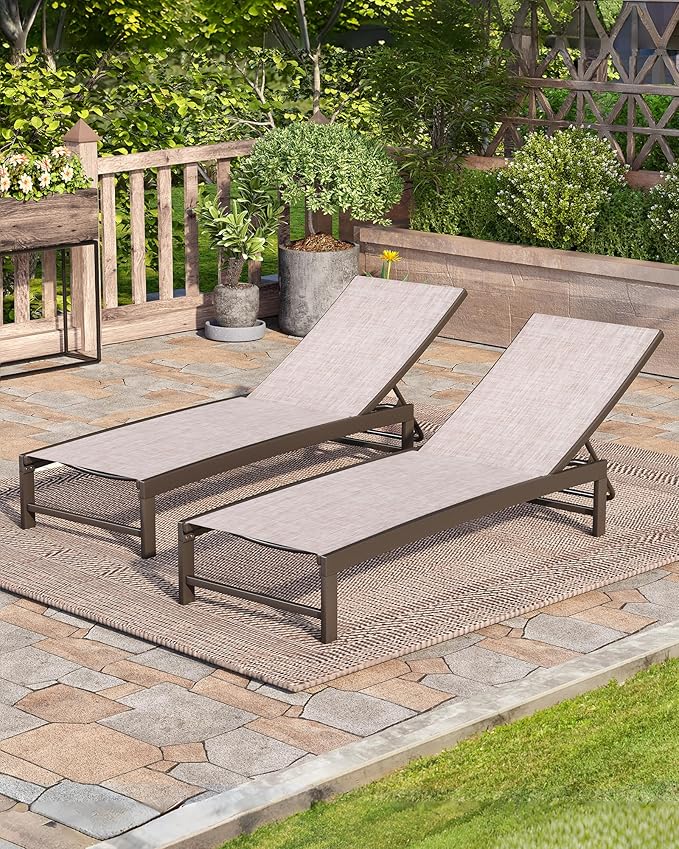 Crestlive Products Aluminum Chaise Lounge Chair Outdoor Set of 2, Adjustable 5 Positions Outdoor Lounge Furniture, Pool Tanning Recliner Perfect for Patio, Lawn, Yard, Pool