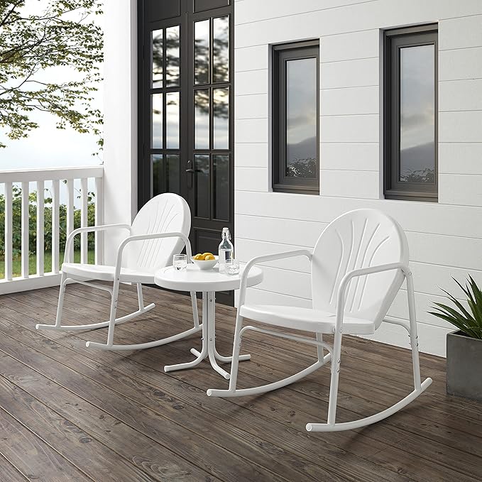 Crosley Furniture Griffith 3-Piece Outdoor Rocking Chair and Side Table Set, Retro Metal Bistro Patio Sets, White Gloss and White Satin