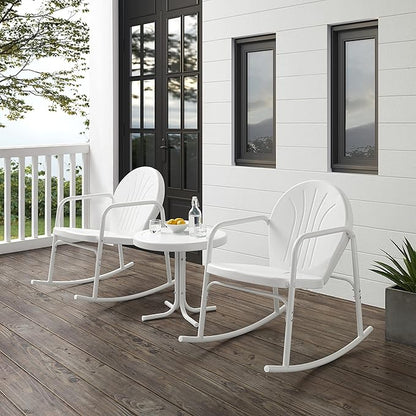 Crosley Furniture Griffith 3-Piece Outdoor Rocking Chair and Side Table Set, Retro Metal Bistro Patio Sets, White Gloss and White Satin