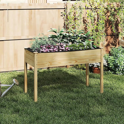 S AFSTAR Wooden Raised Garden Bed with Legs, Planter Box with Liner & Drainage Holes for Vegetable Flower Herb, Indoor Outdoor Elevated Gardening Box for Backyard Patio Balcony