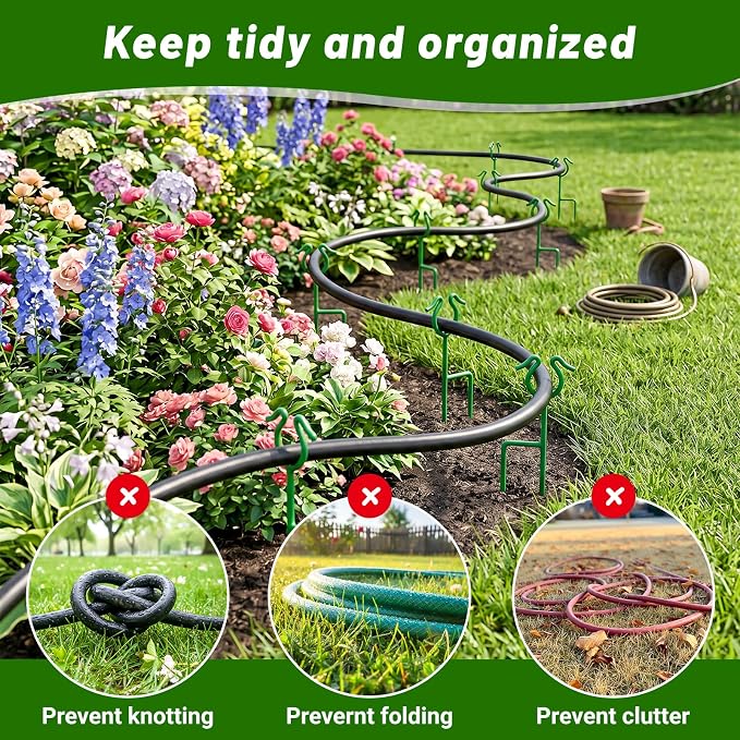 4 Pack Garden Hose Guide Stakes, 14 inch Metal Hose Guides for Garden Heavy Duty Rustproof Coated Spike Keeps Water Hose Out of Flower Beds Outside Lawn & Yard Plant Protection (Green)