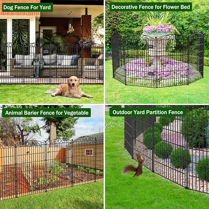 12 Panel No Dig Decorative Garden Fence with Gate - 42in H x 25.67 ft L, Tall Animal Barrier for Dogs Rabbits, Rustproof Metal Wire Panels for Yard, Patio, and Outdoor Border Use