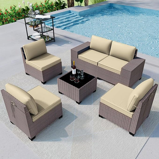 6PCS Outdoor Patio Furniture Set,PE Rattan Wicker Patio Conversation Set with Washable Cushions & Glass Coffee Table,Patio Sectional Furniture Set for Garden, Poolside, Backyard,Sand