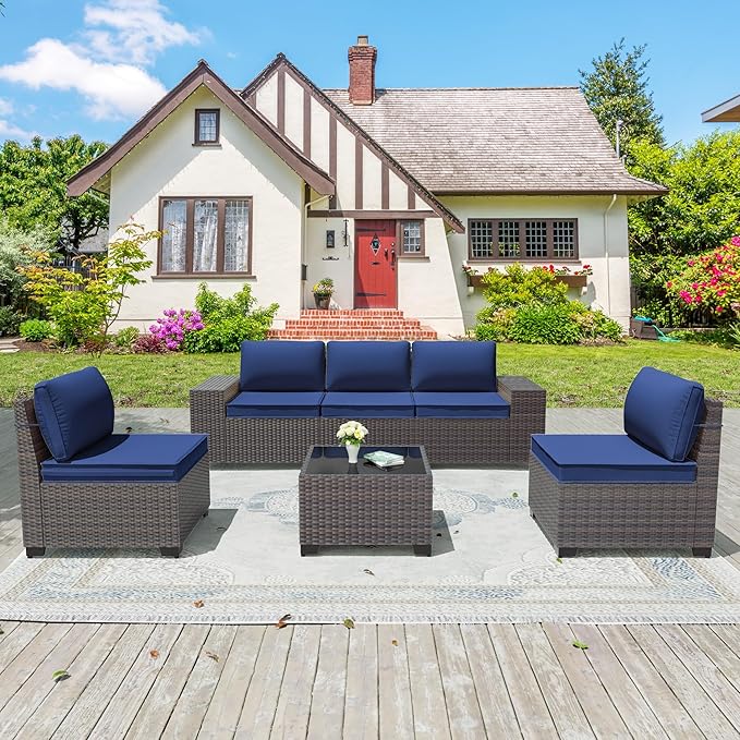 6PCS Outdoor Patio Furniture Set,PE Rattan Wicker Patio Conversation Set with Washable Cushions & Glass Coffee Table,Patio Sectional Furniture Set for Garden, Poolside, Backyard,Navy