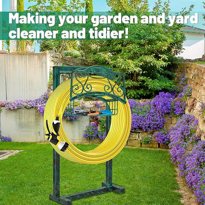 Garden Hose Holder for Outside - Upgraded Water Hose Holder Holds with Storage Basket, Heavy Duty Metal Freestanding Garden Hose Storage Reel Rack for Outdoor Yard Lawn (Green)