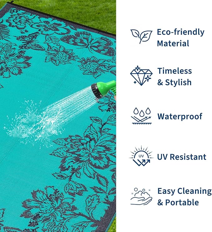Garvee Outdoor Rugs 9' x 12’ Waterproof Reversible Mats, Large Area Plastic Straw Rug, Outside Carpet, Butterfly Floral Rv Mat for Patio Camping Picnic Backyard Deck Balcony Porch Beach Trailer