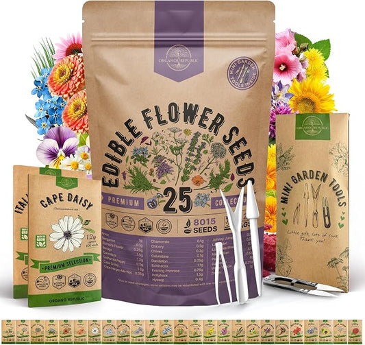 Organo Republic 25 Edible Flower Seeds Variety Pack for Indoor Outdoor Gardening - 8,000+ Non-GMO Heirloom Flower Seeds - 2026 Season: Anise, Hyssop, Nasturtium, Pansy, Echinacea, Lavender, Chives