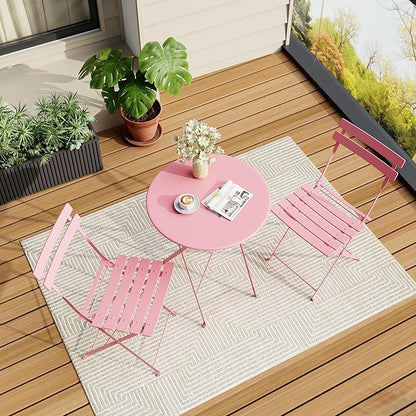 Premium Steel Frame Patio Bistro Set, 3-Piece Outdoor Folding Table and Chairs, Weather Resistant Conversation Sets of 2, Space Saving Patio Furniture for Backyard Balcony Porch Garden, Black (Pink)