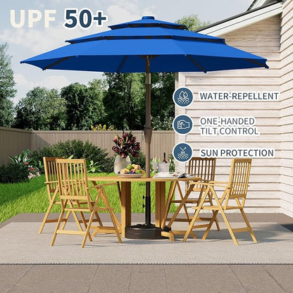 9FT 3 Tiers Patio Umbrella With Auto Tilt And Crank, Outdoor Table Market Umbrella with 8 Sturdy Ribs for Garden, Lawn, Deck, Backyard and Pool