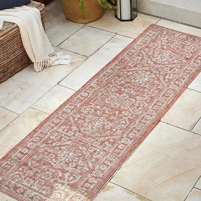 JONATHAN Y Boho Medallion Indoor Outdoor Runner Rug 2X8 Red/Taupe, Malta Textured Weave for Backyard, Patio, Porch, Easy-Cleaning, High Traffic, Pet-Friendly, Non-Shedding (SMB104A-28)